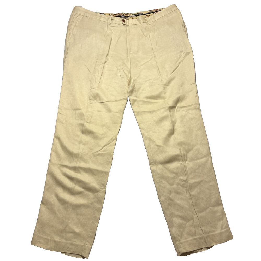 Tommy Bahama Mens 42x32 Cream Linen Lyocell Blend Flat Front Straight Leg Pants
